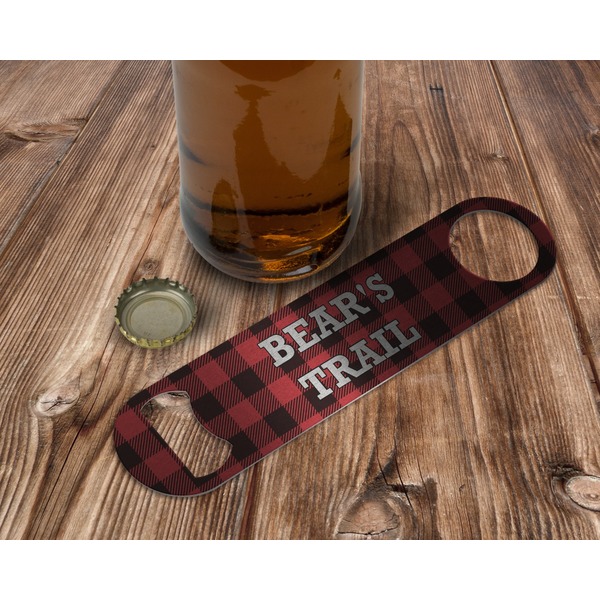 Lumberjack Plaid Bottle Opener - In Use