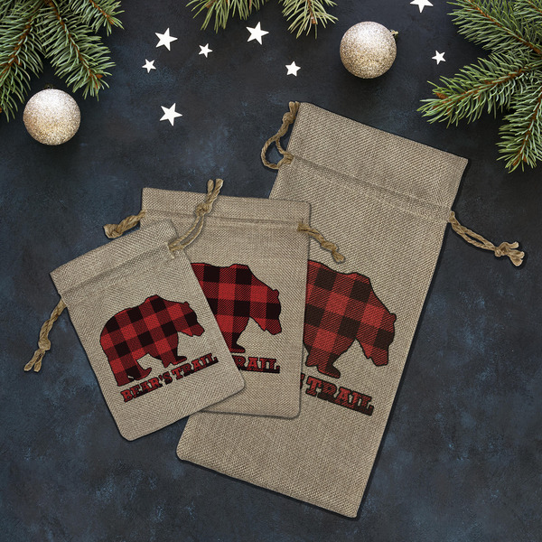 Lumberjack Plaid Burlap Gift Bags - LIFESTYLE (Flat lay)