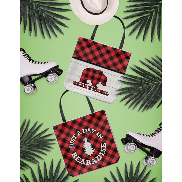 Lumberjack Plaid Canvas Tote Lifestyle Front and Back- 13x13