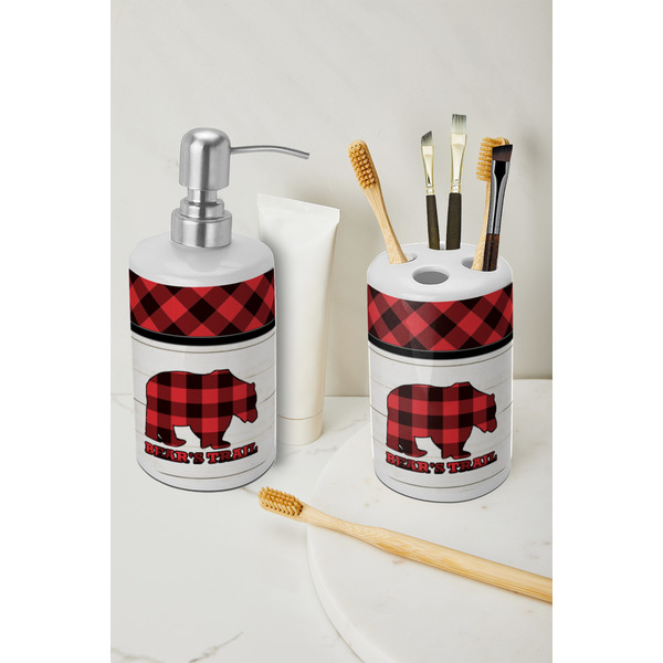 Lumberjack Plaid Ceramic Bathroom Accessories - LIFESTYLE (toothbrush holder & soap dispenser)
