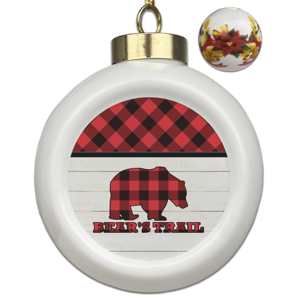 Custom Lumberjack Plaid Ceramic Ball Ornaments - Poinsettia Garland (Personalized)