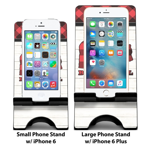 Lumberjack Plaid Compare Phone Stand Sizes - with iPhones