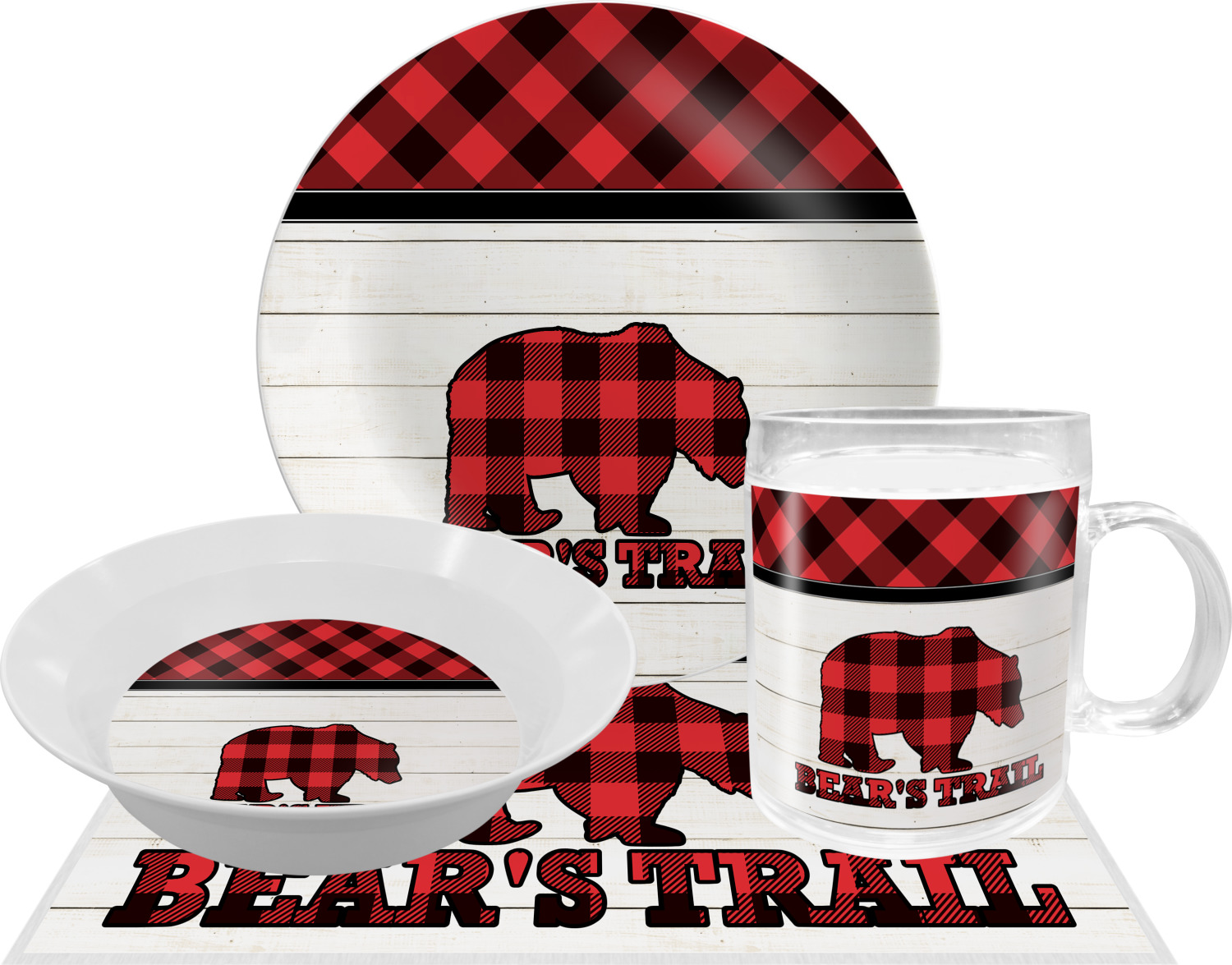 Personalized Childs Plate Lumberjack Bear on Red Plaid Plate or Bowl Personalized for Child 