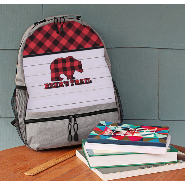 Lumberjack Plaid Large Backpack - Gray - On Desk