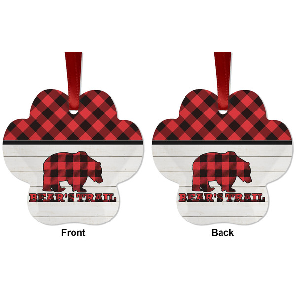 Lumberjack Plaid Metal Paw Ornament - Front and Back