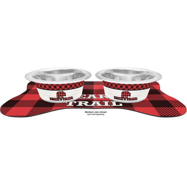 Lumberjack Plaid Metal Pet Bowls - On Dog Bone Shaped Mat