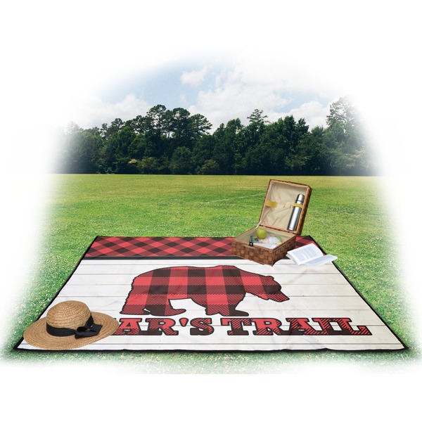 Lumberjack Plaid Picnic Blanket - with Basket Hat and Book - in Use