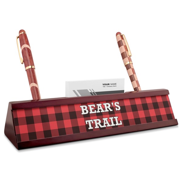 Custom Lumberjack Plaid Red Mahogany Nameplate with Business Card Holder (Personalized)
