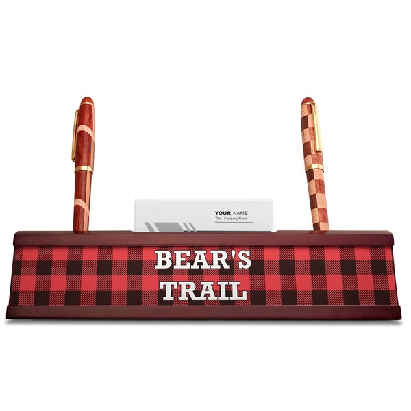 Lumberjack Plaid Red Mahogany Nameplates with Business Card Holder - Straight