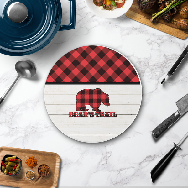 Lumberjack Plaid Round Stone Trivet - In Context View