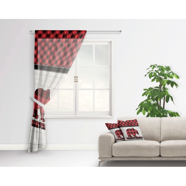 Lumberjack Plaid Sheer Curtain With Window and Rod - in Room Matching Pillow