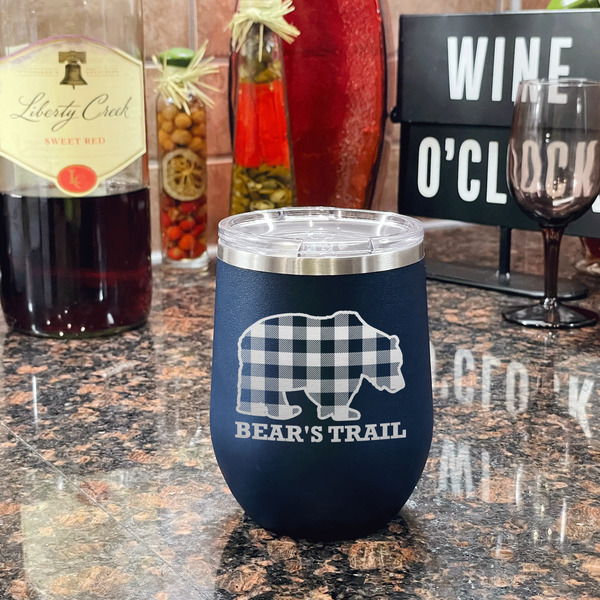 Lumberjack Plaid Stainless Wine Tumblers - Navy - Double Sided - In Context