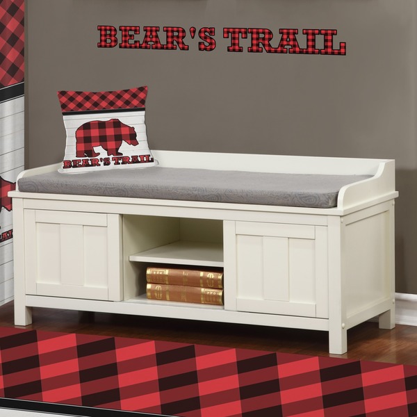Lumberjack Plaid Wall Name Decal Above Storage bench