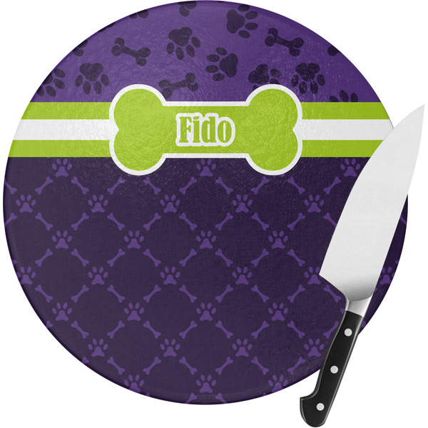 Custom Pawprints & Bones Round Glass Cutting Board - Small (Personalized)