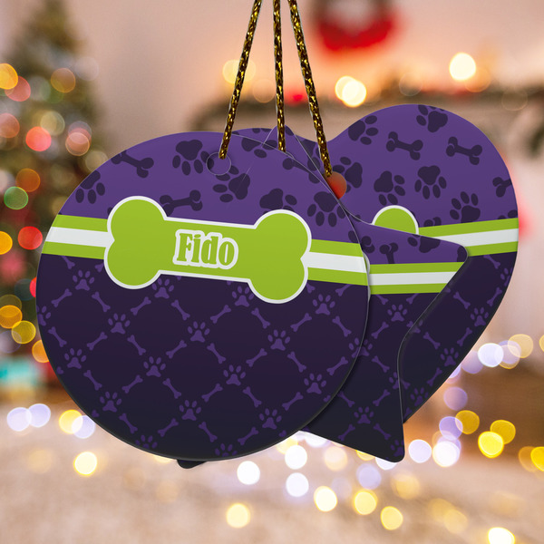 Custom Pawprints & Bones Ceramic Ornament w/ Name or Text