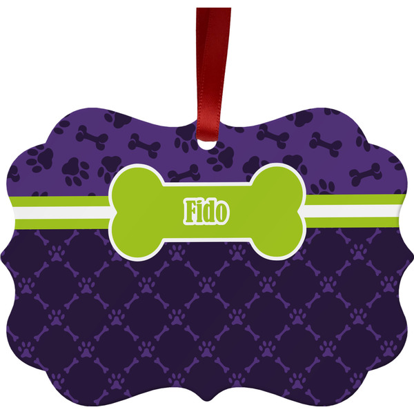 Custom Pawprints & Bones Metal Frame Ornament - Double Sided w/ Name or Text