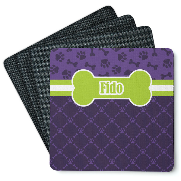 Custom Pawprints & Bones Square Rubber Backed Coasters - Set of 4 (Personalized)
