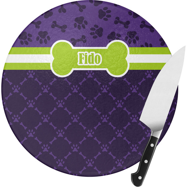 Custom Pawprints & Bones Round Glass Cutting Board - Medium (Personalized)