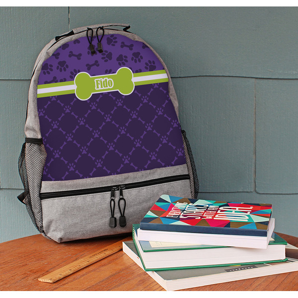 Pawprints & Bones Large Backpack - Gray - On Desk