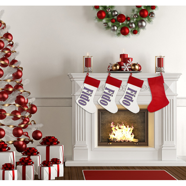 Pawprints & Bones Linen Stocking w/Red Cuff - Fireplace (LIFESTYLE)
