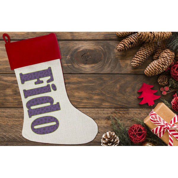 Pawprints & Bones Linen Stocking w/Red Cuff - Flat Lay (LIFESTYLE)