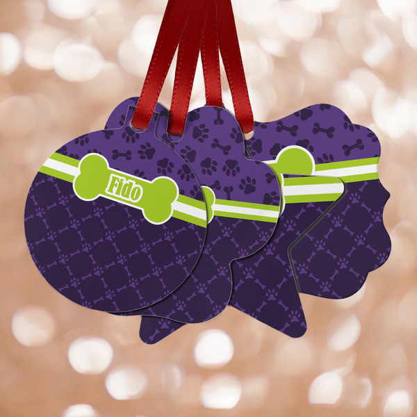 Custom Pawprints & Bones Metal Ornaments - Double Sided w/ Name or Text