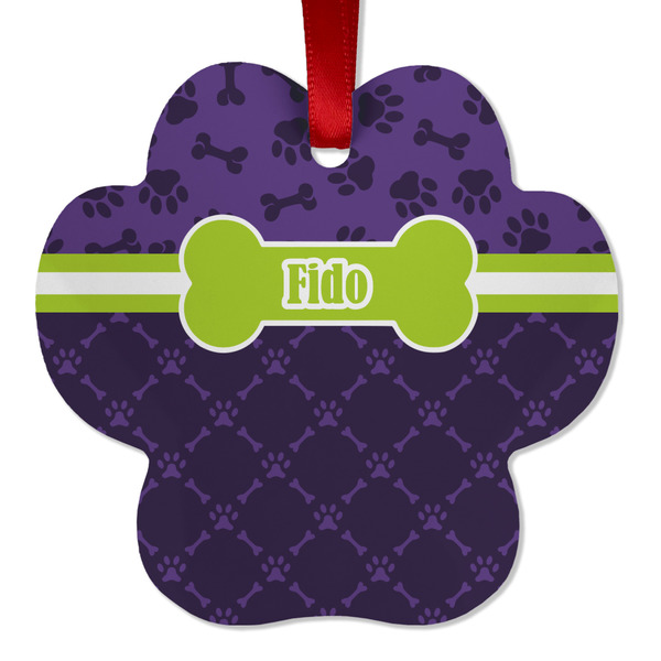 Custom Pawprints & Bones Metal Paw Ornament - Double Sided w/ Name or Text