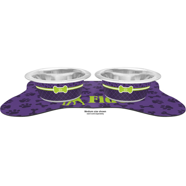 Pawprints & Bones Metal Pet Bowls - On Dog Bone Shaped Mat