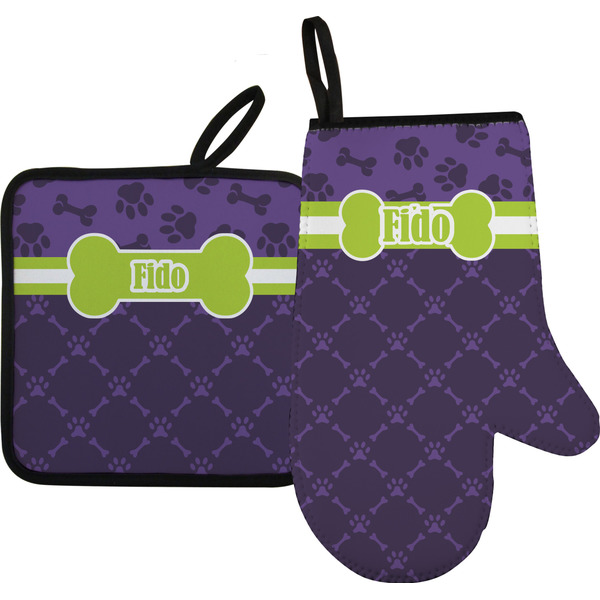 Custom Pawprints & Bones Oven Mitt & Pot Holder Set w/ Name or Text