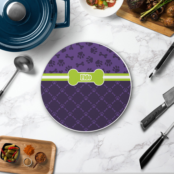 Pawprints & Bones Round Stone Trivet - In Context View