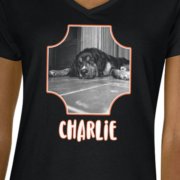 Pet Photo Black V-Neck T-Shirt on Model - CloseUp
