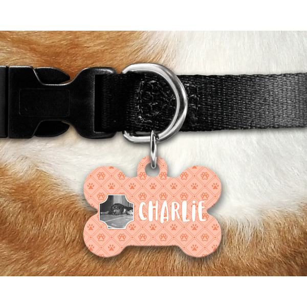 Pet Photo Bone Shaped Dog Tag on Collar & Dog