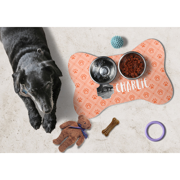 Pet Photo Bone Shaped Mat w/ Food & Water