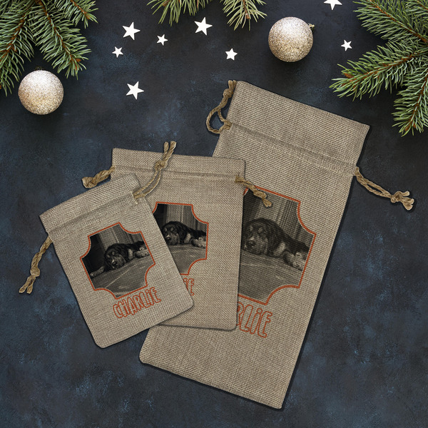 Pet Photo Burlap Gift Bags - LIFESTYLE (Flat lay)