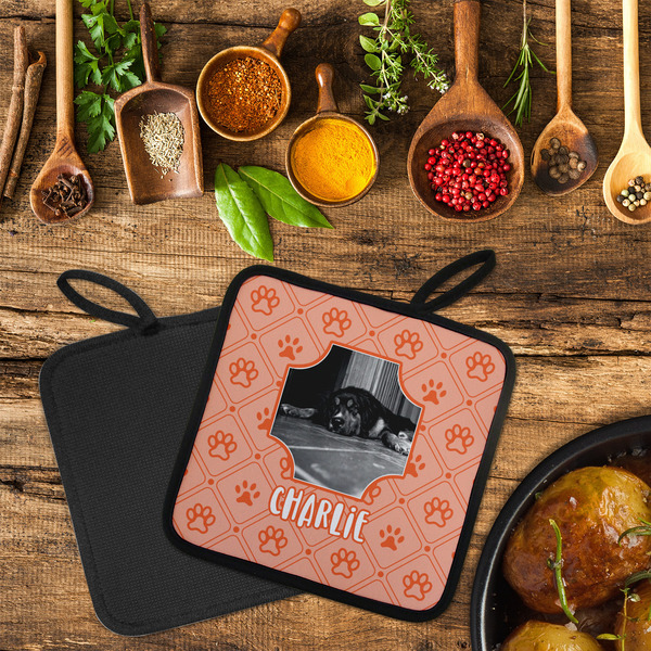 Pet Photo Neoprene Pot Holder - Set of 2  LIFESTYLE (Flatlay)