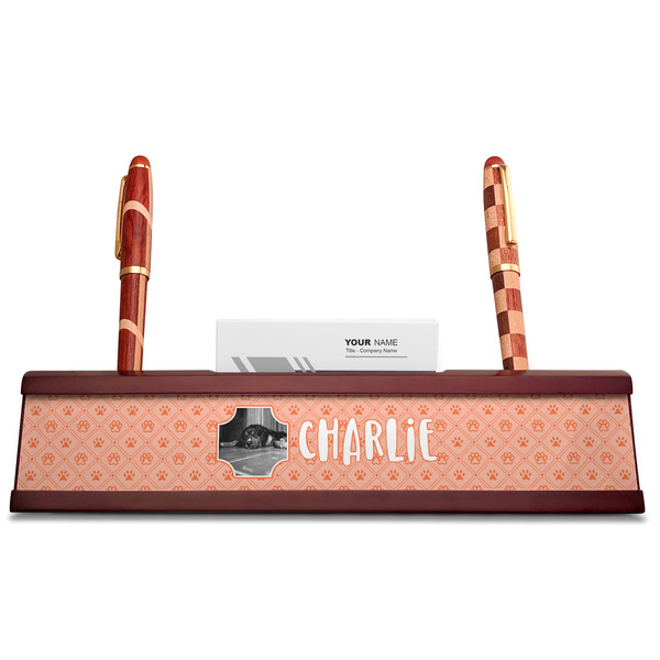 Pet Photo Red Mahogany Nameplates with Business Card Holder - Straight