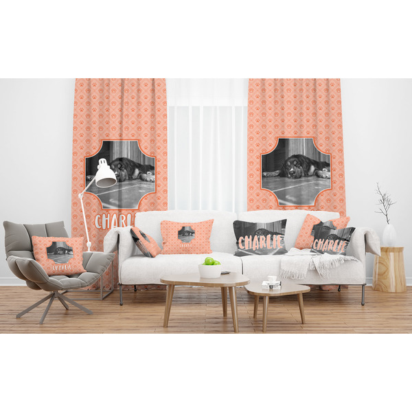 Pet Photo Sheer and Custom Curtains in Room with Matching Pillows