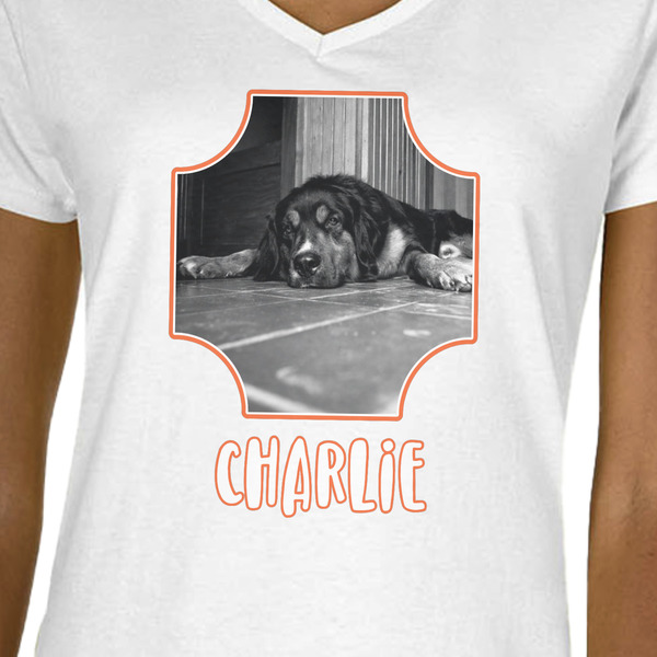 Pet Photo White V-Neck T-Shirt on Model - CloseUp