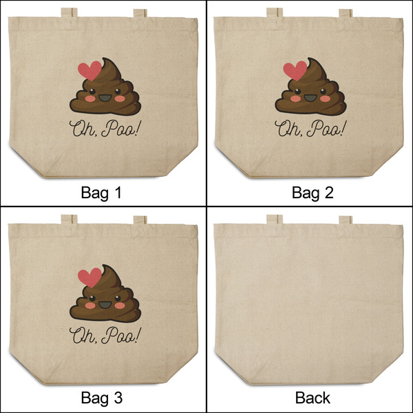 Poop Emoji 3 Reusable Cotton Grocery Bags - Front & Back View