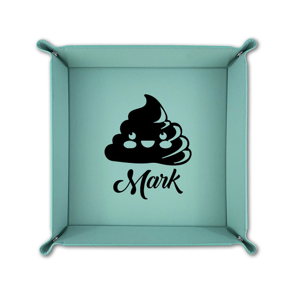 Poop Emoji 6" x 6" Teal Leatherette Snap Up Tray - FOLDED UP