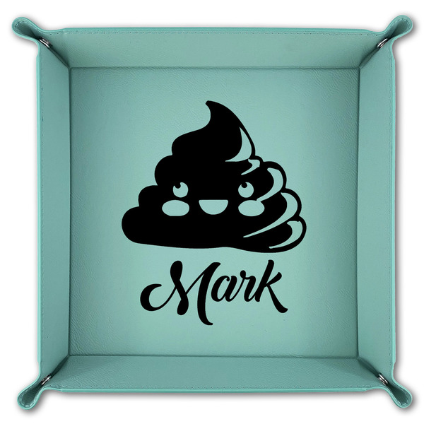 Poop Emoji 9" x 9" Teal Leatherette Snap Up Tray - FOLDED