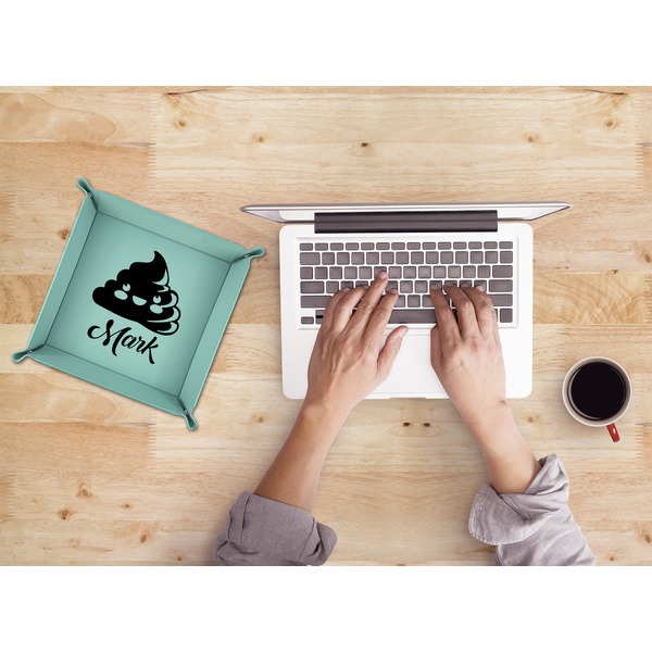 Poop Emoji 9" x 9" Teal Leatherette Snap Up Tray - LIFESTYLE