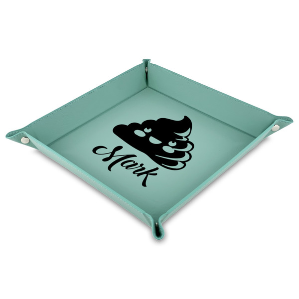 Custom Poop Emoji Faux Leather Dice Tray - 9" x 9"  - Teal (Personalized)