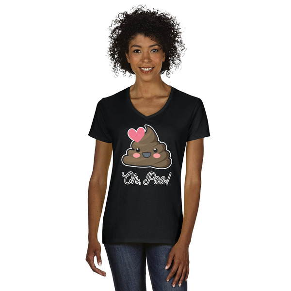 Custom Poop Emoji Women's V-Neck T-Shirt - Black (Personalized)