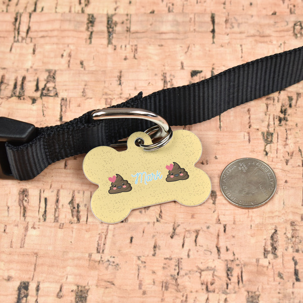 Poop Emoji Bone Shaped Dog ID Tag - Large - In Context