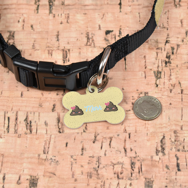 Poop Emoji Bone Shaped Dog ID Tag - Small - In Context