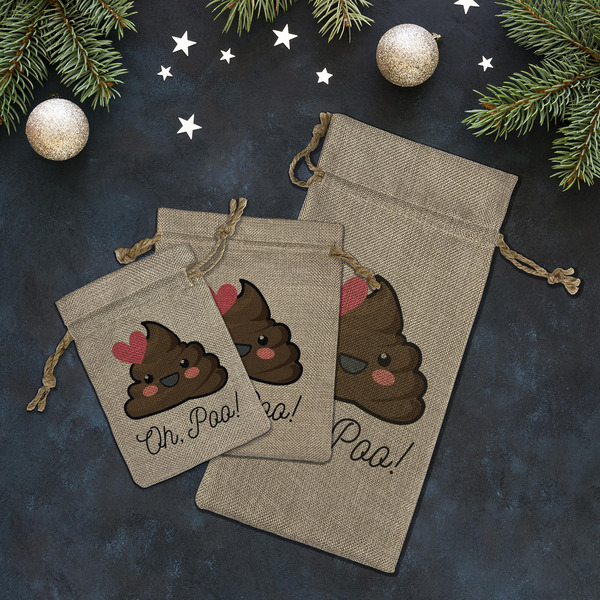 Poop Emoji Burlap Gift Bags - LIFESTYLE (Flat lay)