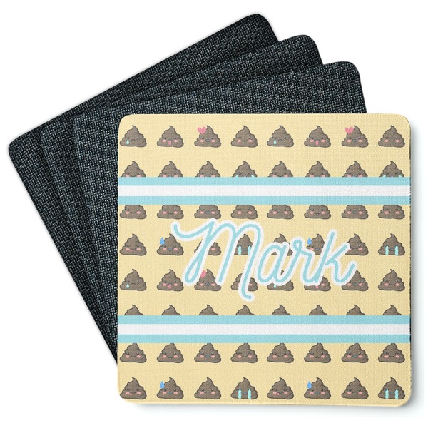 Custom Poop Emoji Square Rubber Backed Coasters - Set of 4 (Personalized)