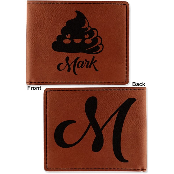 Poop Emoji Cognac Leatherette Bifold Wallets - Front and Back
