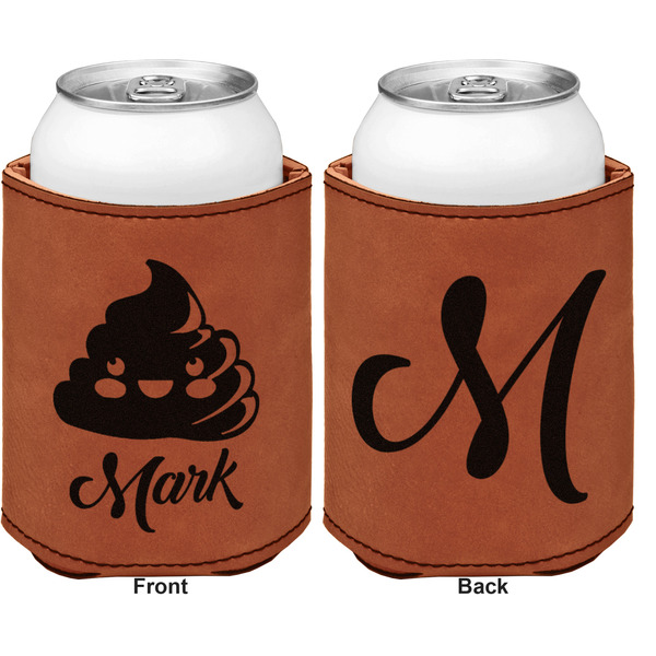 Poop Emoji Cognac Leatherette Can Sleeve - Double Sided Front and Back